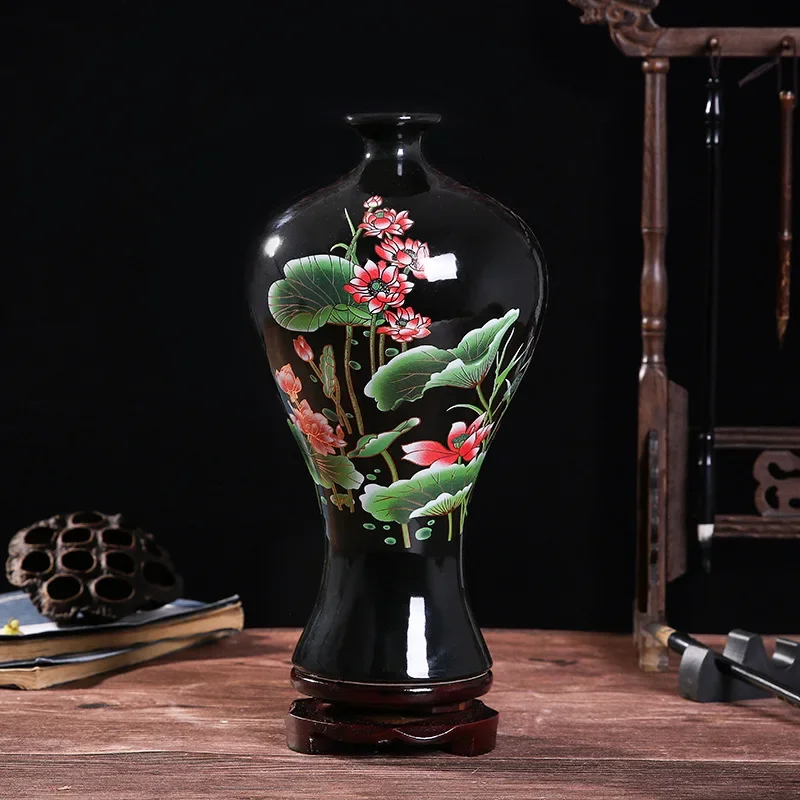 Jingdezhen Black Ceramic Lotus Vase Modern Home Decor for Sitting Room Adornments Lotus Flower Ceramic Decorations