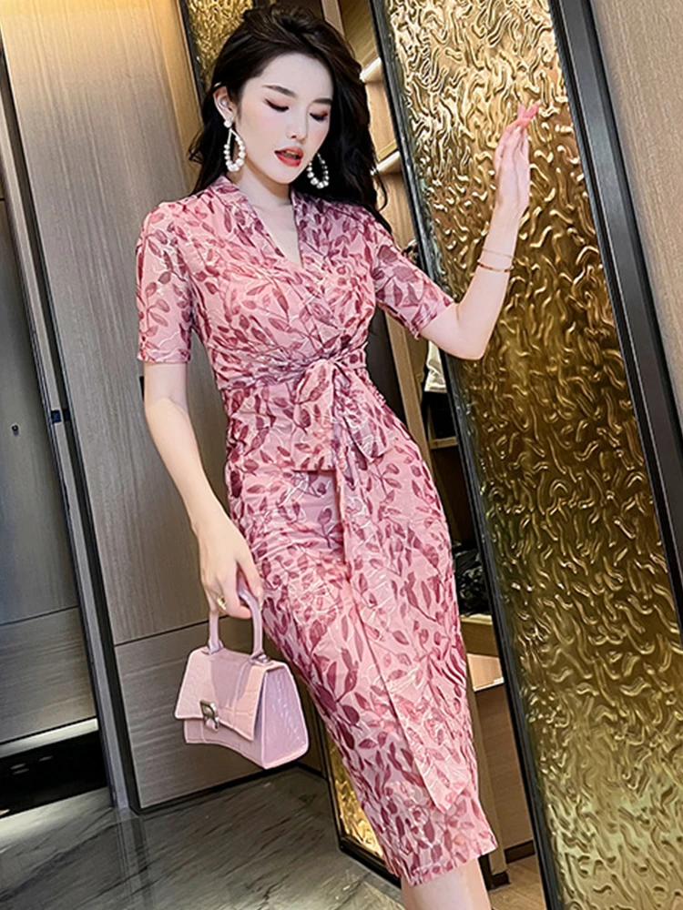 

Korean Elegant Women Dress Temperament Floral V-Neck Lace-up Wrap Slim Midi Party Beach Street Commute Lady Mujer Vestido Summer