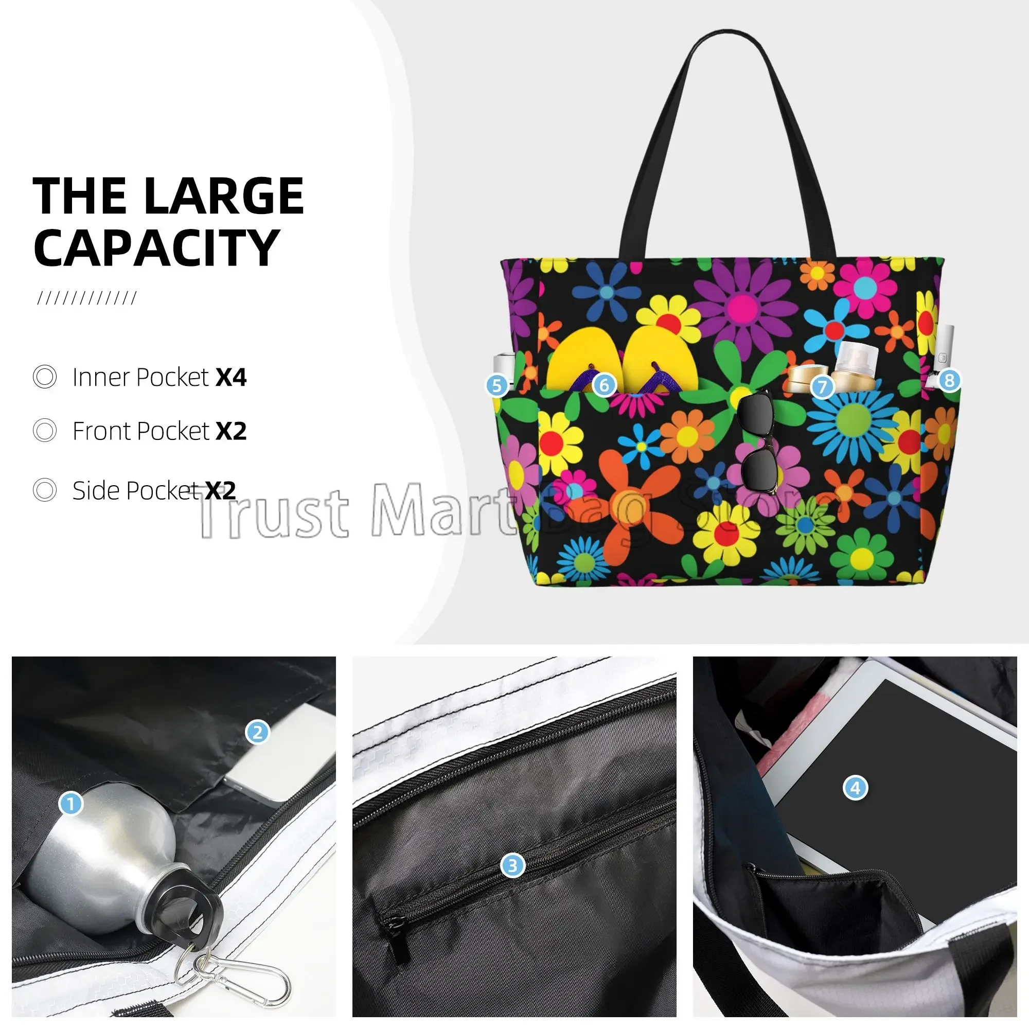 Hippie Flowers Large Beach Tote Bag Women Waterproof Sandproof Zipper Beach Tote Bags for Pool Gym Grocery Travel