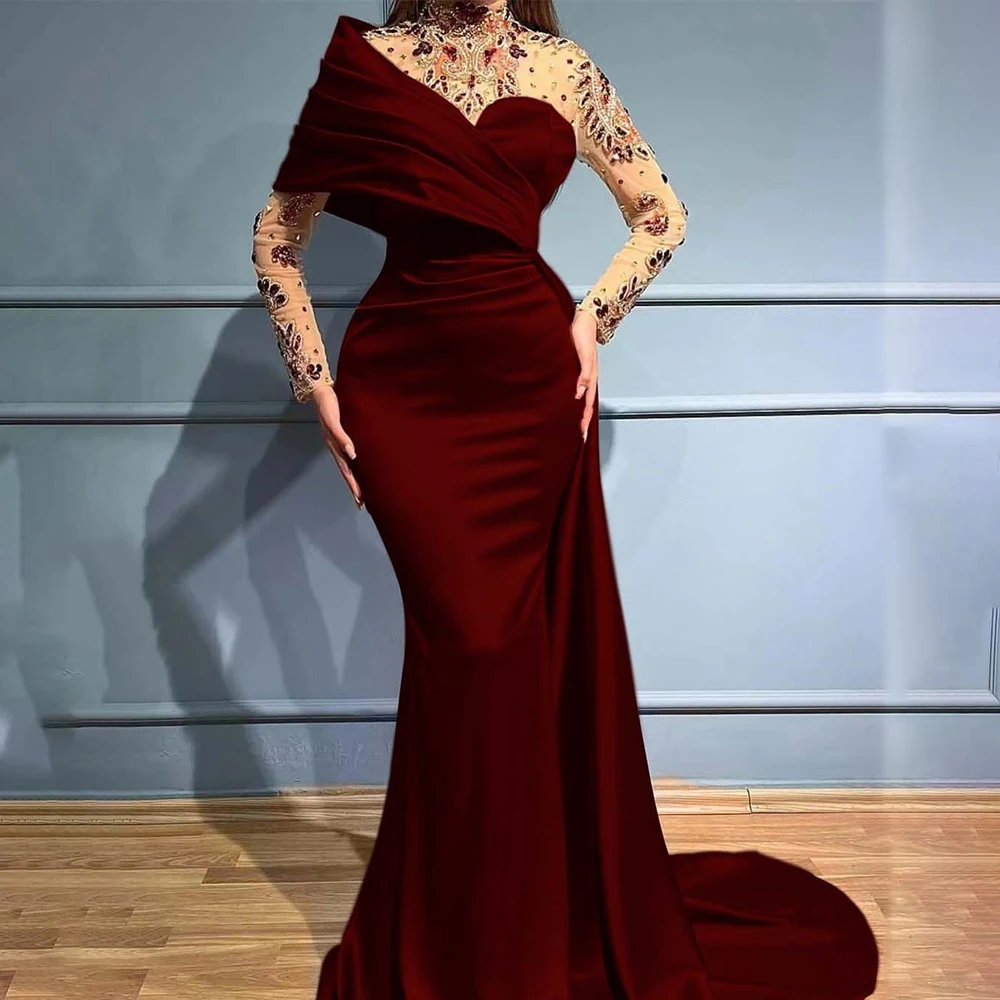 

Изысканные бордовые вечерние платья на заказ с длинным рукавом и часовней со шлейфом Русалка для особых случаев Платье знаменитости