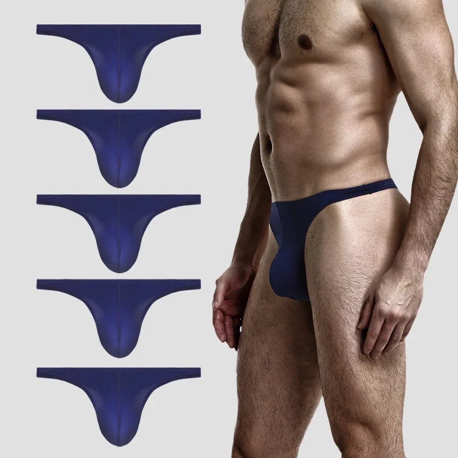 

5PCS Men's low waist solid color U convex stretch tight T underwear ice silk slip hip Thong breathable T pants