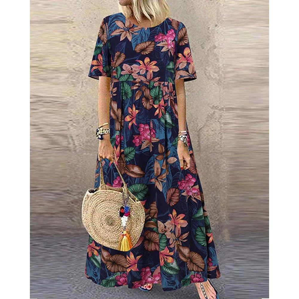 

Women Floral Print Maxi Dress Summer Femme Ruffles Short Sleeve Outfits O-Neck Party Vacation Long Dress Elegant Vestidos 2024