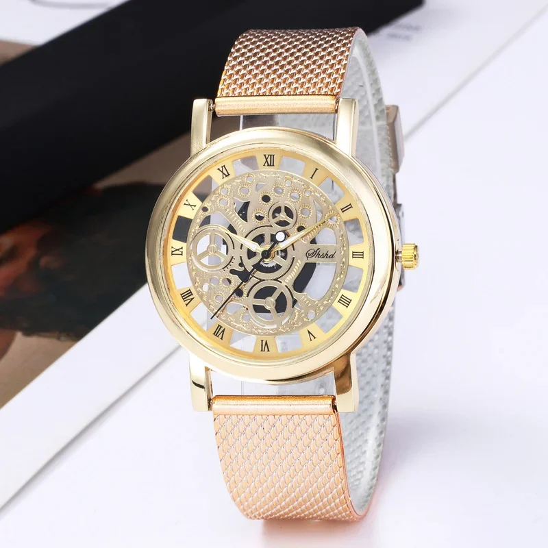 Reloj informal de moda para hombre y mujer, Correa hueca, sin expresión mecánica, modelo de mesa para pareja