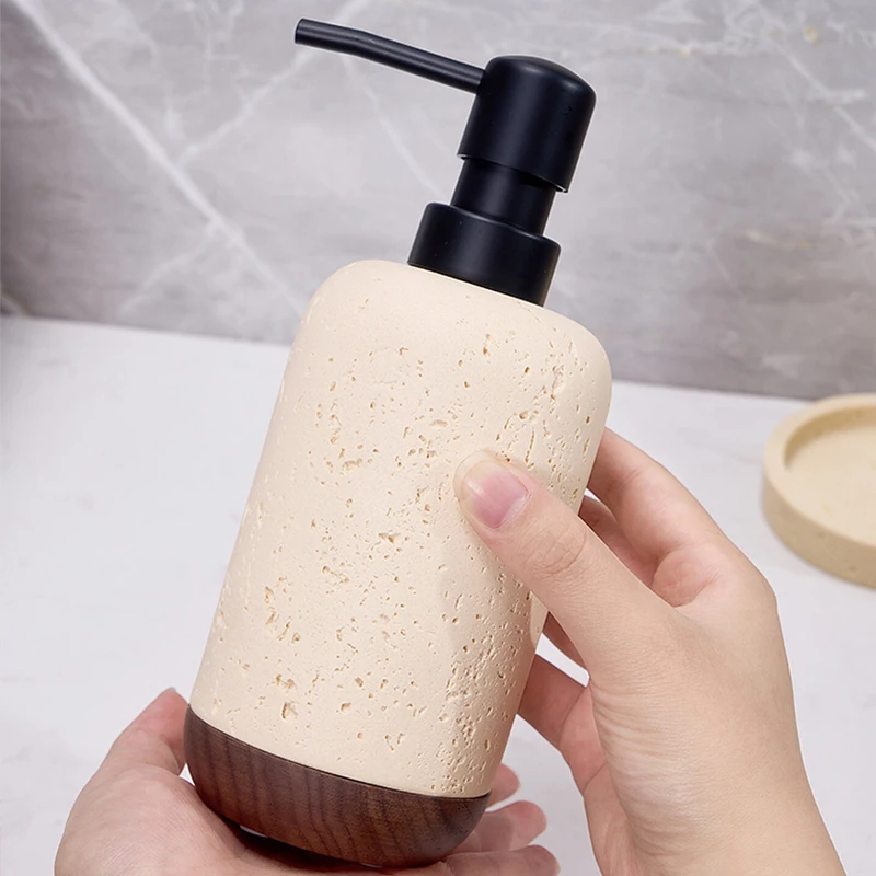 Imitation Travertine Soap Dispenser Walnut Base Black Press Pump Can Fill Hand Sanitizer Bottles, Bathroom Kitchen Bottles