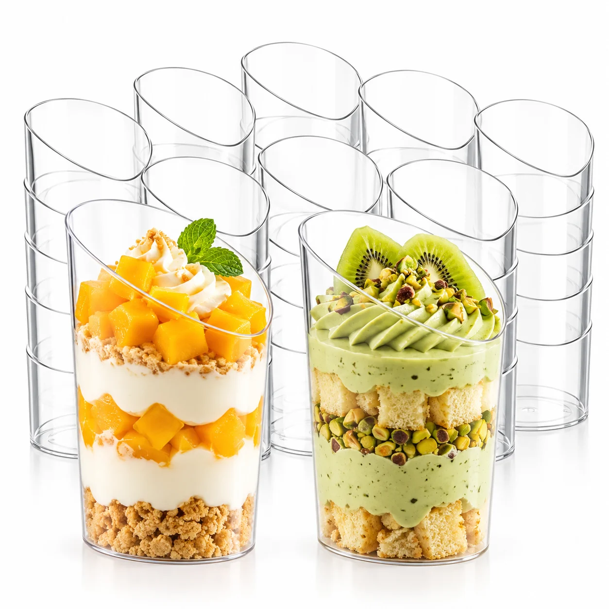 20/50PCS Clear Slanted Dessert Cups Round Angled Rim Parfait Cups for Mousse Pudding Tiramisu Fruit Salad Wedding Party Buffet