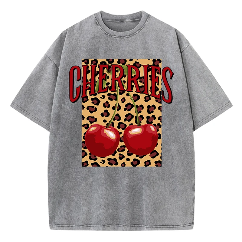 Casual Womans Acid Wash T-Shirts Fashion Leopard And Cherry Prints Tops Distressed Crewneck Oversize Cotton Tees Trend Clothes