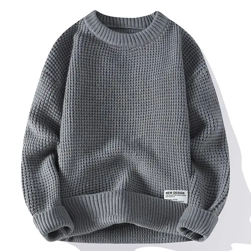 Men's 2023 Autumn and Winter Pullover Round Neck Patchwork Waffle Fashion Commuter Solid Color Loose Bottom Long Sleeved Tops