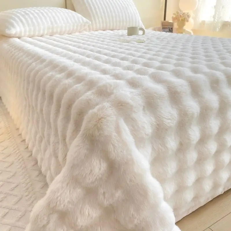 Winter Warm Imitation Rabbit Plush Flat Bed Sheet Thicken Single Double Mattress Cover King Queen Bed Cover Blanket Bedspread