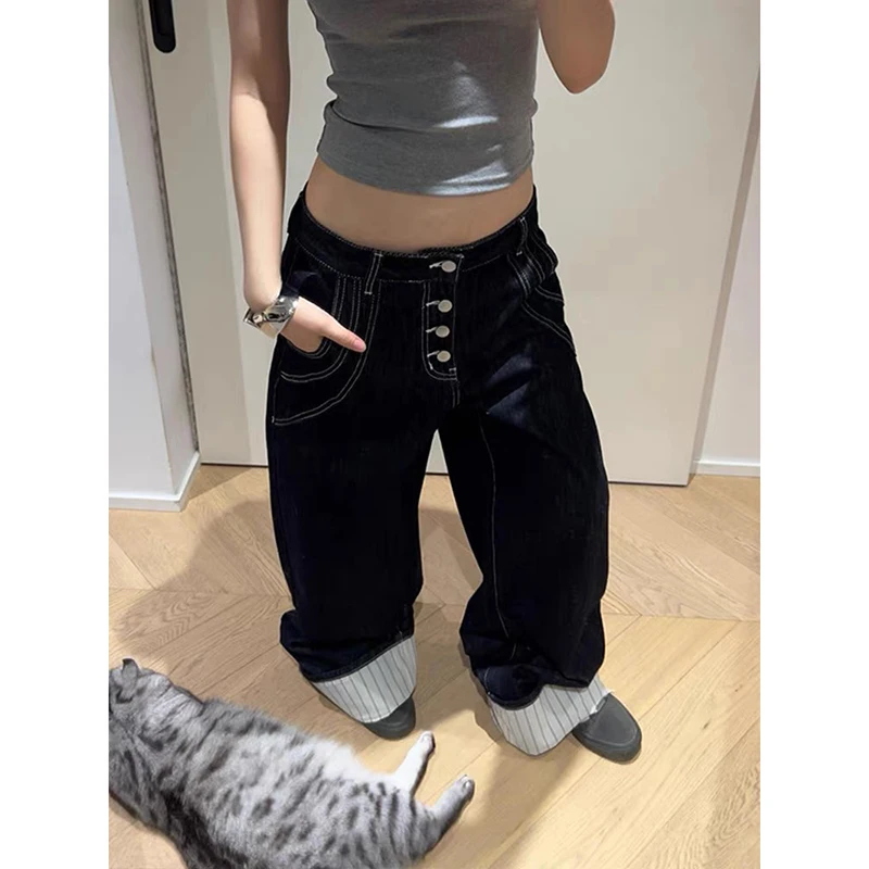 ZHIZOU Damskie Czarne Gotyckie Spodnie Cargo Y2k Emo Oversize Jeansy Vintage Harajuku Japandi Styl Alternatywny Luźne Spodnie Denimowe