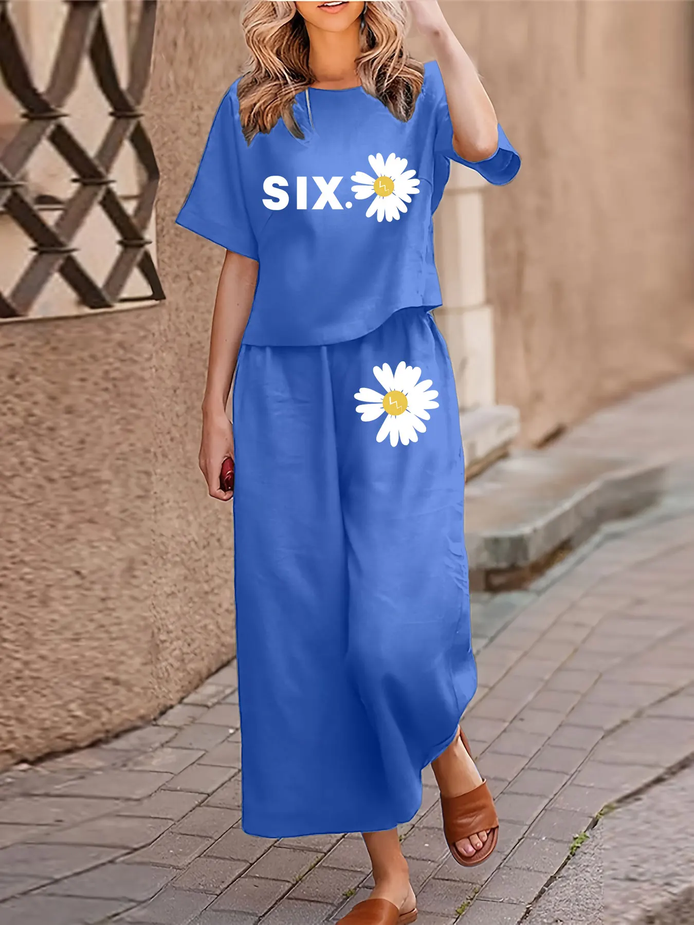 Plus Size Women's Casual Two-piece Set Suit Printed Short-sleeved T-shirt Trousers Two-piece Set Loose Crewneck