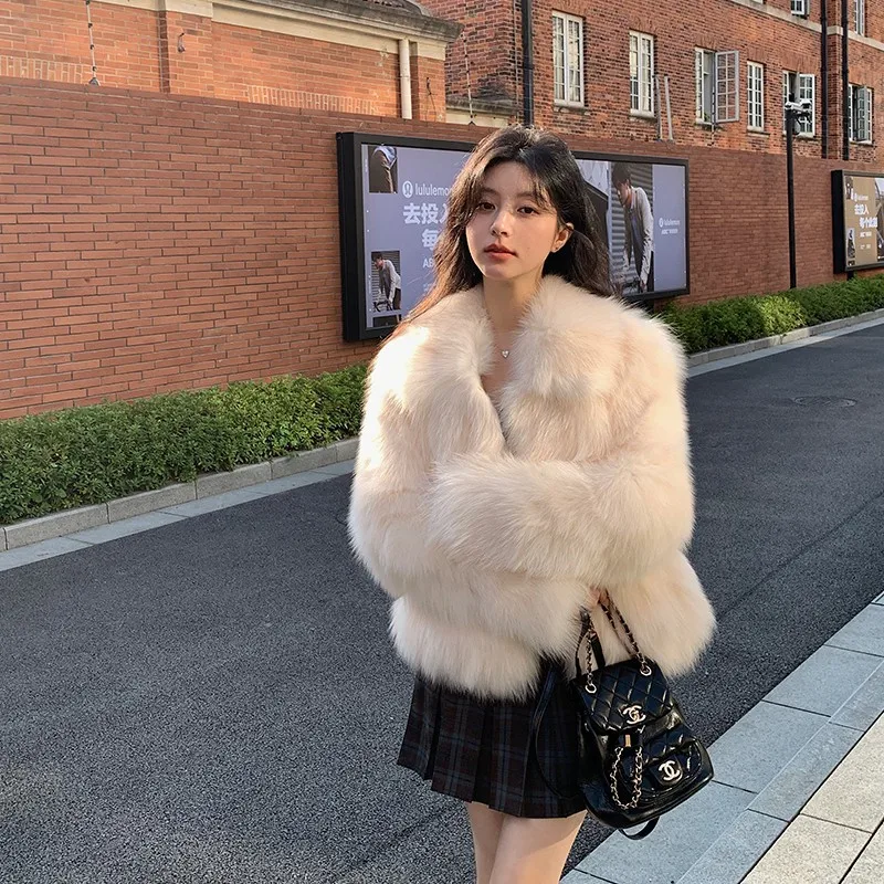 Winter Faux Fox Fur Coat for Women Thick Turn-Down Collar Warm Jacket Outerwear Short Fur Coats Furry Overcoats