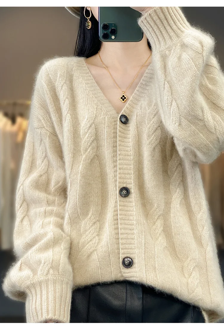 V-neck Cashmere Cardigan for Female, 100% Pure Cashmere, Twisted Flower, Long Sleeve, Thick Knit Coat, Loose Sweater Top