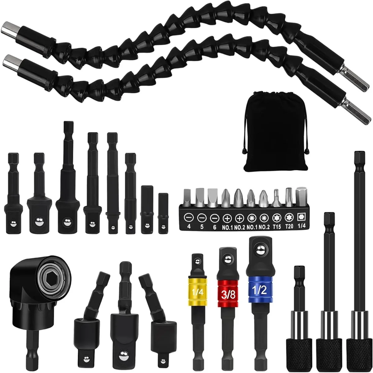 31 Pcs Flexible Drill Bit Extension Set, 105° Right Angle Drill Attachment, Rotatable Joint Socket ,Hex Socket Adapter