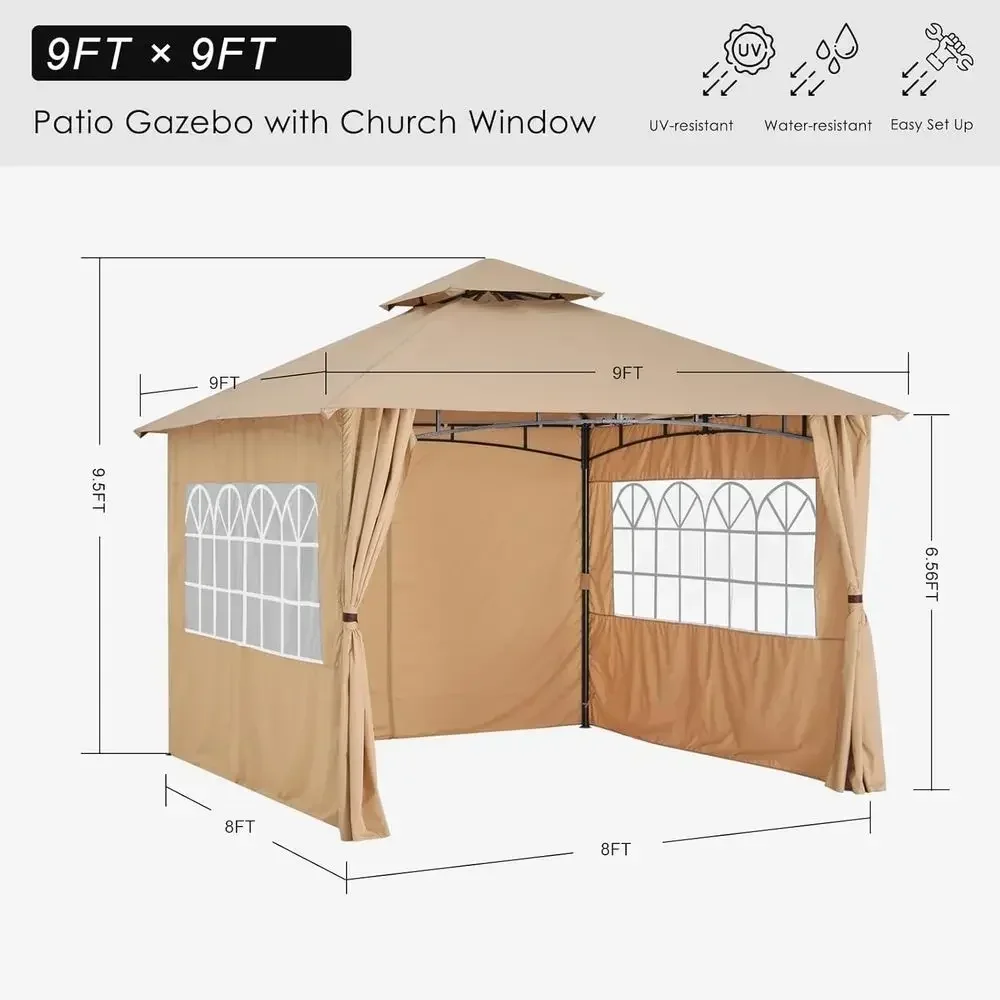 9x9 Beige Steel Outdoor Gazebo with Window Curtains