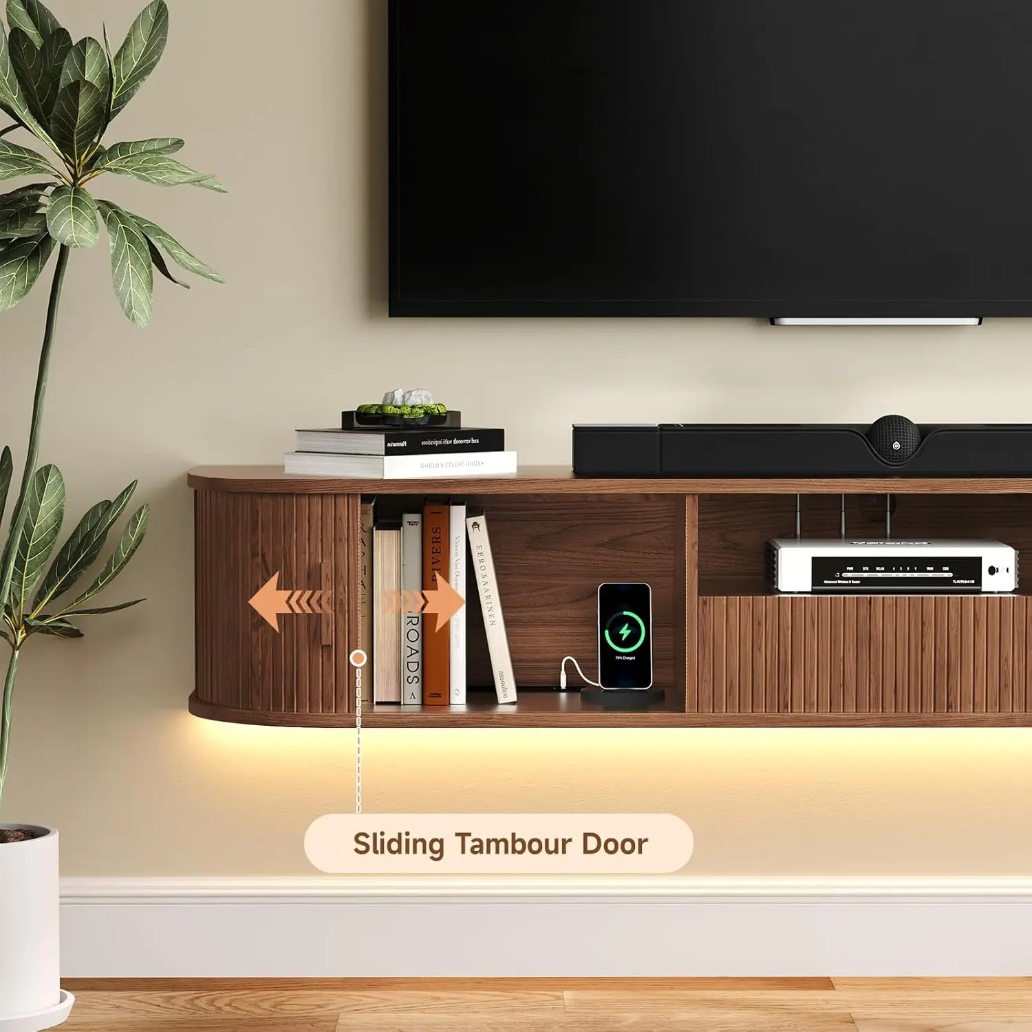 70 Inch Smart Floating TV Stand with LED Lights & Power Outlet - App Control Entertainment Center for 80" TVs, Mid-Century Modern Fluted Wood Design Living Room Storage Cabinet,Walnut view 2