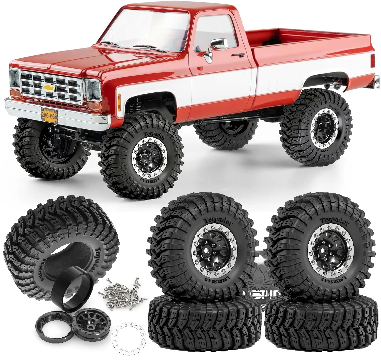 عجلات وإطارات بيدلوك 1.3 بوصة بقطر خارجي 2.75 بوصة وسداسي 7 مم (4 قطع) لسيارات التحكم عن بعد الزاحفة بمقياس 1/18 و1/24 مثل TRX4M وSCX24 وAX24 وFCX18 وFCX24