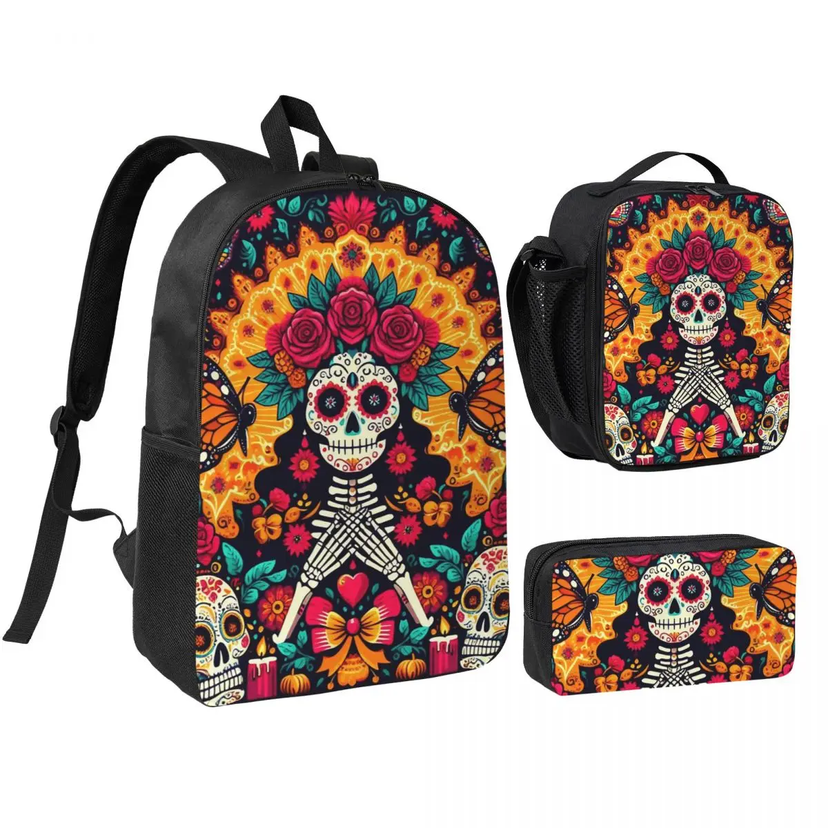 

Mexican Sugar Skulls And Flowers Backpack Boys Girls BookBag School Bag Shoulder Bags 3ps Insulated Lunch Bag Pencil Case