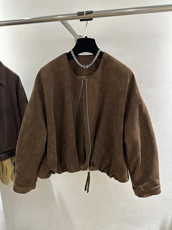 

High-End European Style Suede Jacket Zipper round Neck Women's Fashionable Loose Fit Retro Style Autumn New Arrival