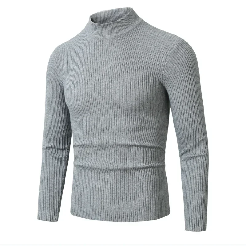 New Men's Semi High Neck Solid Color Elastic Stripe Pullover Warm Autumn and Winter Knitted Oversized Sweater for Men