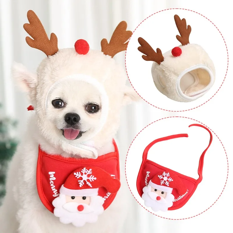 Dog Cat Christmas Hat Bib Costumes Santa Reindeer Winter Cute Cosplay Dress Up Clothes for Teddy Chihuahua Corgi Pet Supplies