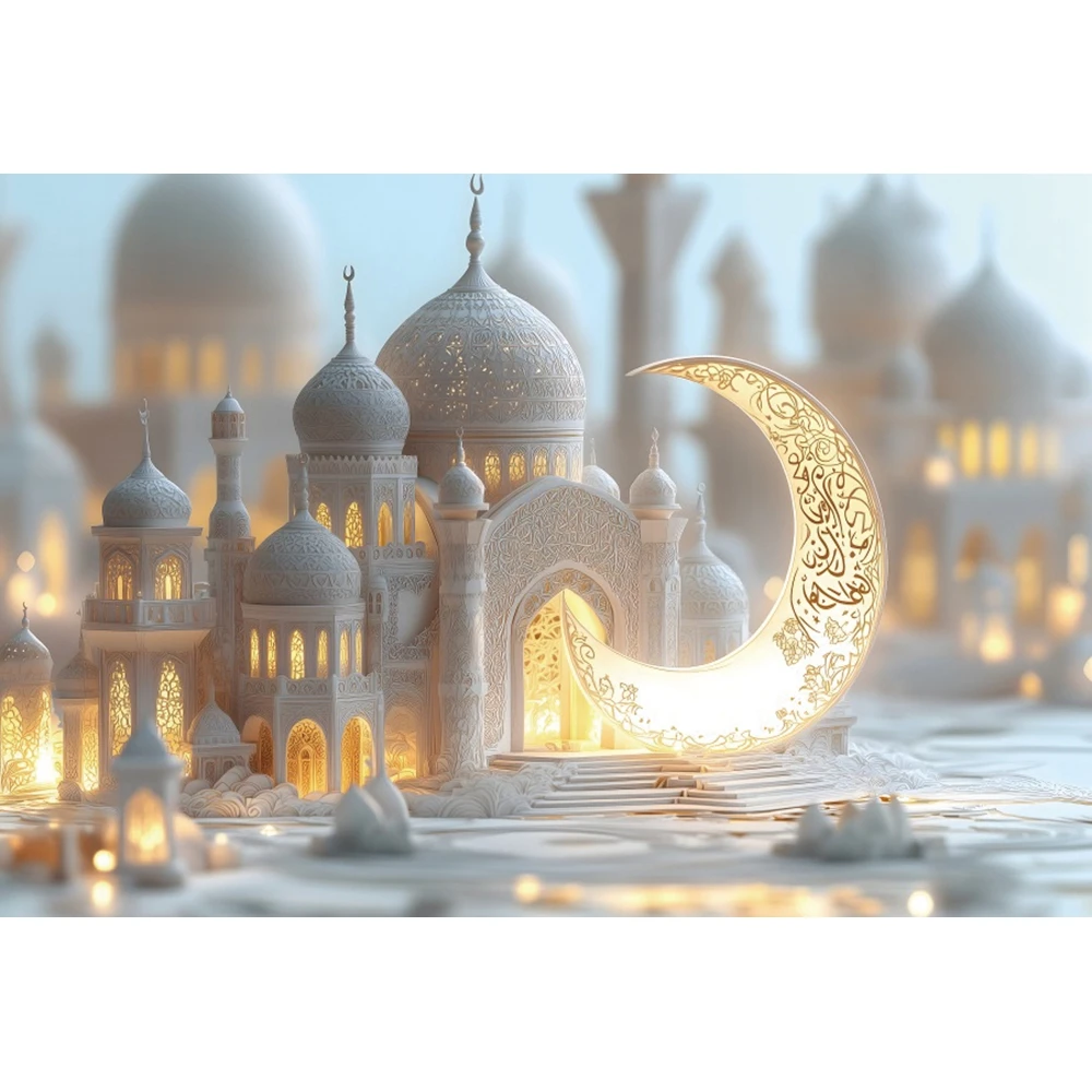 Eid Photography Backdrop Mosque Islamist White Moon Lamp Mubarak Ramadan Family Party Decoration Portrait Photo Background