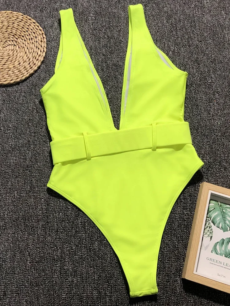 2024 Deep V Neon High Cut Women Swimwear One Piece Swimsuit Female With Waistband Monokini High Waist Bathing Suit Swim Bodysuit