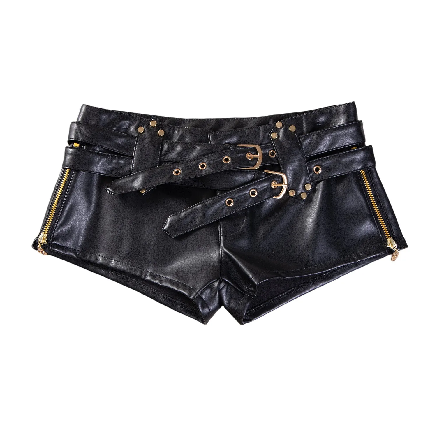 Summer Clothes For Woman Y2K Low Waist Belted Waist Mini Shorts Black Pu Leather Gold Zipper Double Buckle Belt Thigh High Strap
