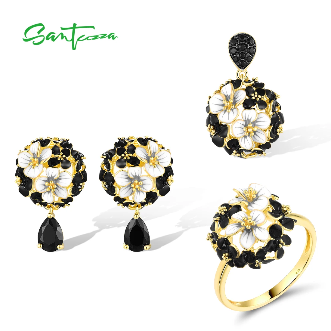 

SANTUZZA 925 Sterling Silver Jewelry Set For Women Elegant Cluster White Black Flower Enamel Pendant Earrings Ring Fine Jewelry