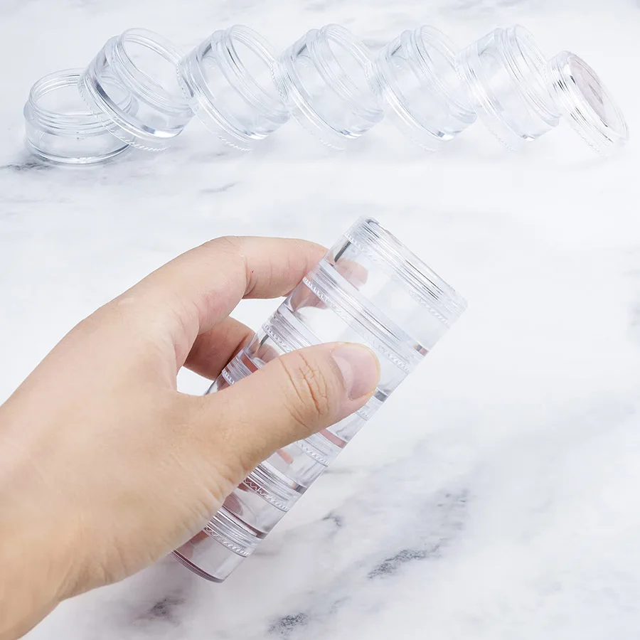 Runde, durchsichtige Kunststoffgläser mit rundem Deckel für Cremes, stapelbare Kosmetikbehälter mit Schraubdeckel, Etiketten, Lotionen, Puder