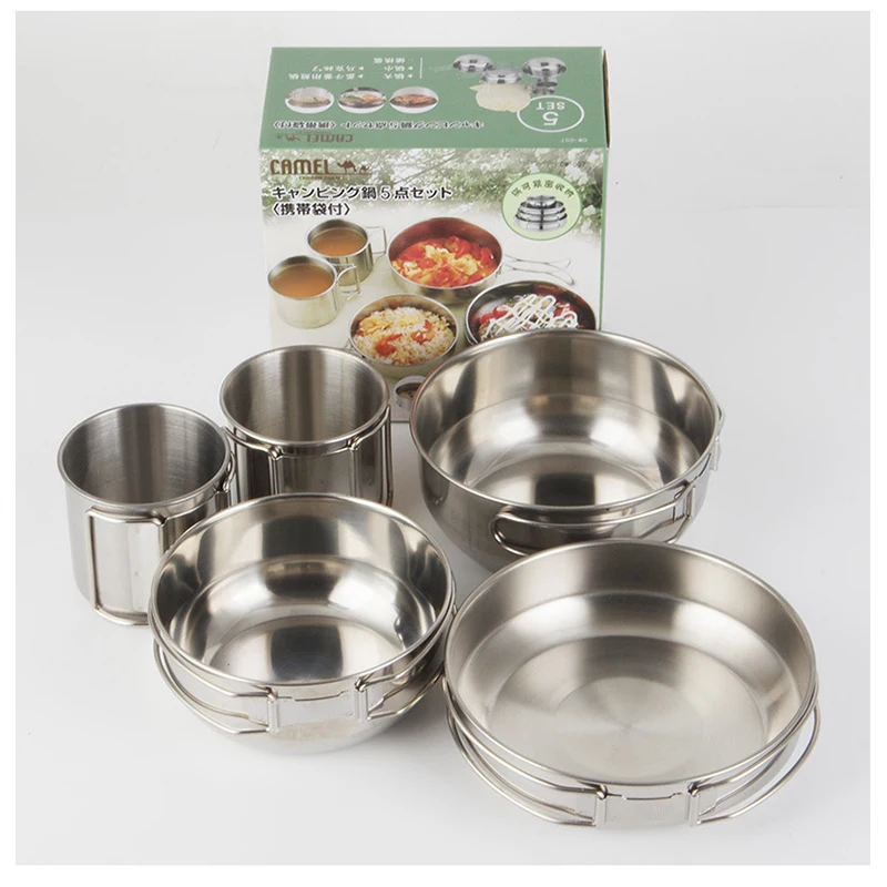 

Stainless Steel Tableware Pot Bowl Cookware Mountaineering Picnic Set Bowl Portable Soup Pot Storage Multi-Functional Pot