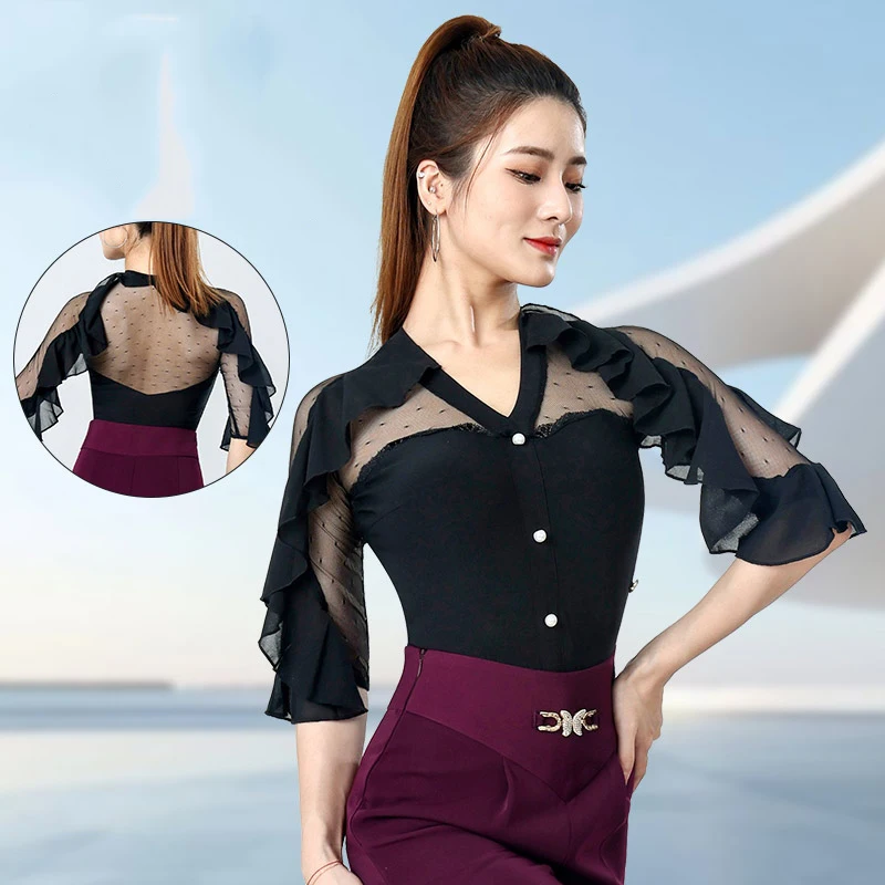 

2025 Women'S Modern Dance Top Mesh Half Sleeves Jumpsuit Chacha Rumba Tango Dance Ballroom Latin Dance Costumes Wear DN21035