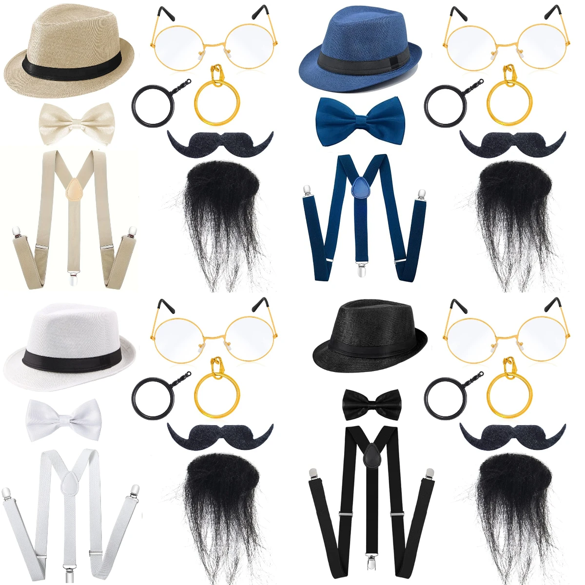 

1920s Gatsby Men's Hat Halloween Elderly Clothing Dressing Accessories Men's Top Hat Necktie Shoulder Strap Beard Set