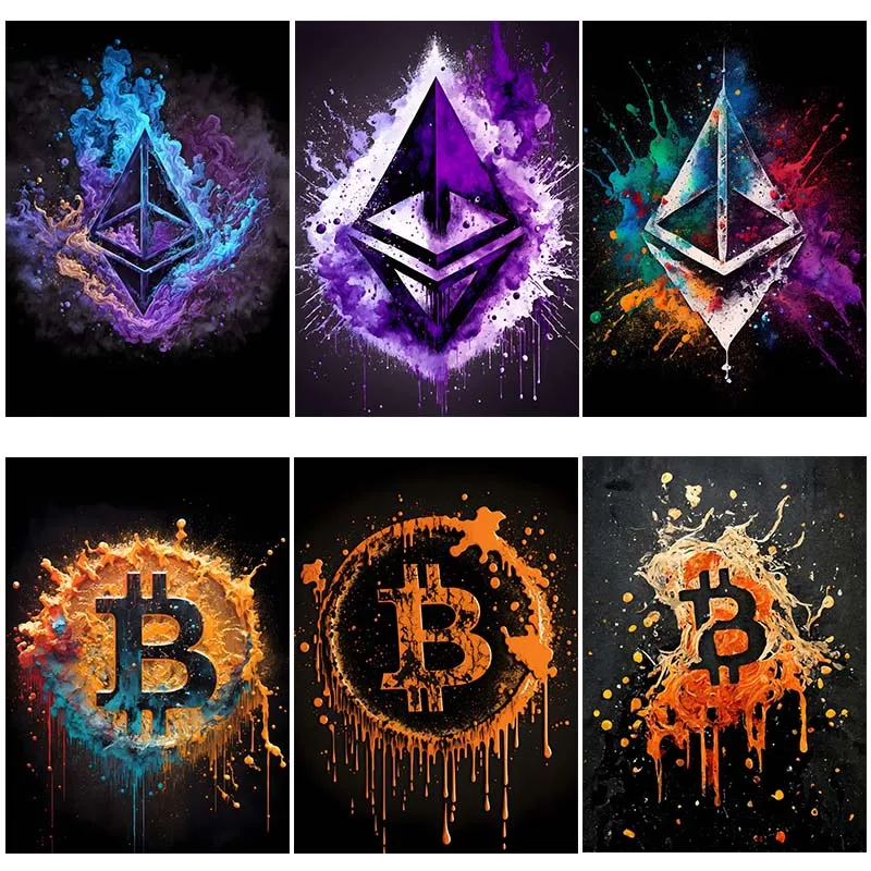 Affiche aquarelle Crypto éclaboussures Bitcoin Ethereum, pièces virtuelles ETH BTC, peinture sur toile, tableau d'art mural, décor de salle de bureau