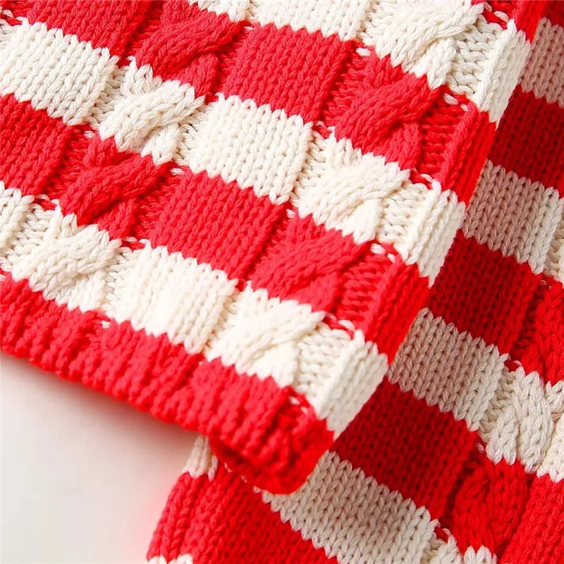 TRAF Cable Knitted Cardigan For Women Red Striped Knit Cardigan Woman Long Sleeve Cropped Sweaters Spring Button Short Cardigan