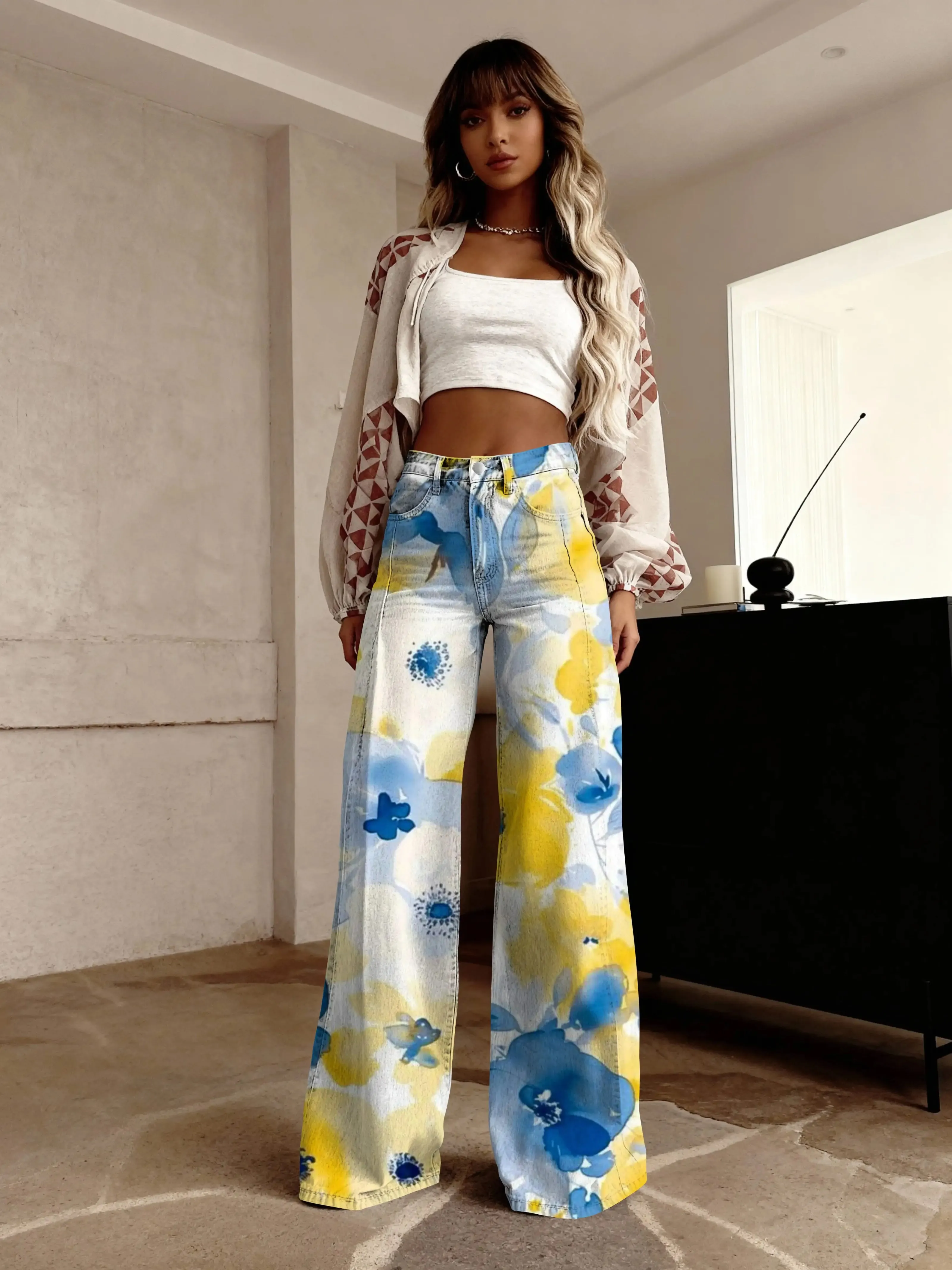 กางเกงยีนส์ทรงหลวมสำหรับผู้หญิงในฤดูใบไม้ร่วงและฤดูหนาวพิมพ์ลายเกล็ดหิมะคริสต์มาส 3 มิติ