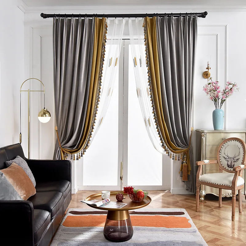 Curtains for Living Room Dining Bedroom Pure Color Stitching Curtain Velvet European  American Nordic Gray Golden Shade Velvet