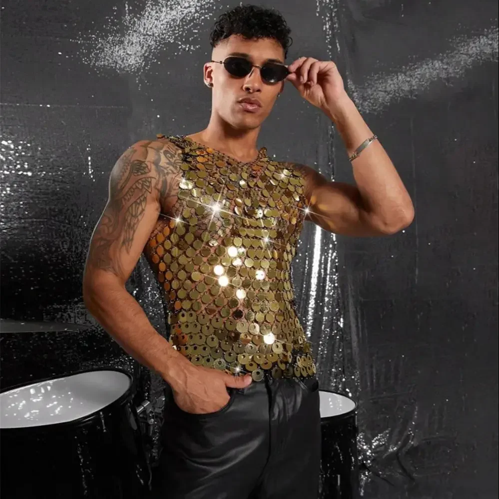 

Sparkling Diamond Cut-Out See-Through Fishnet Vest for Men Sexy Beaded Mesh Top Nightclub Party Stage Performance Summer Outfit