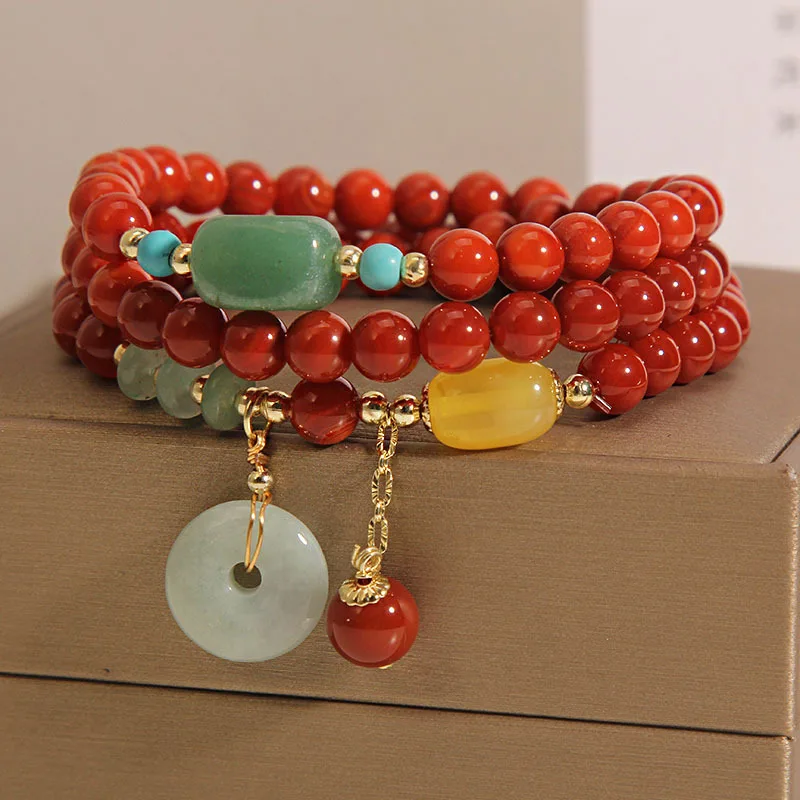 Vintage Jade Peace Buckle Pendant Bracelet, Internet Celebrity Bracelet, Natural Southern Red Agate New Chinese Style Bracelet