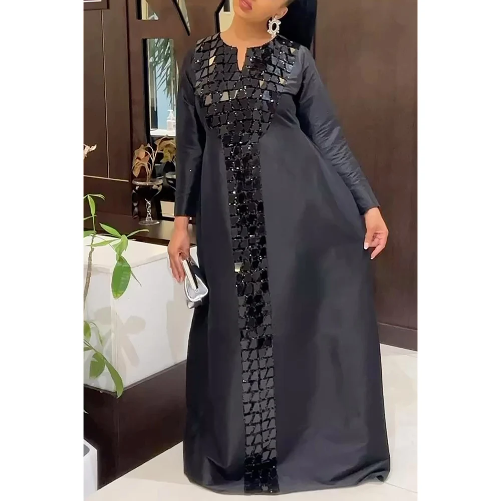 Plus Size Fashion Women\'s Black Satin Sequin Dress 2024 Long Sleeve Maxi Dress Casual Holiday Solid Color Robe