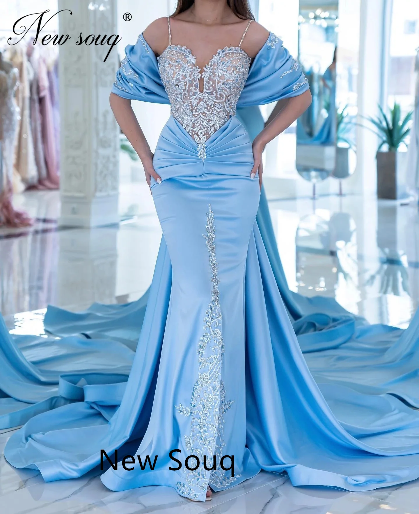 Robe de Rhsirène avec bretelles spaghetti pour femme, robe de soirée élégante, robe de Dubaï personnalisée, bleu, fête de mariage, 2023