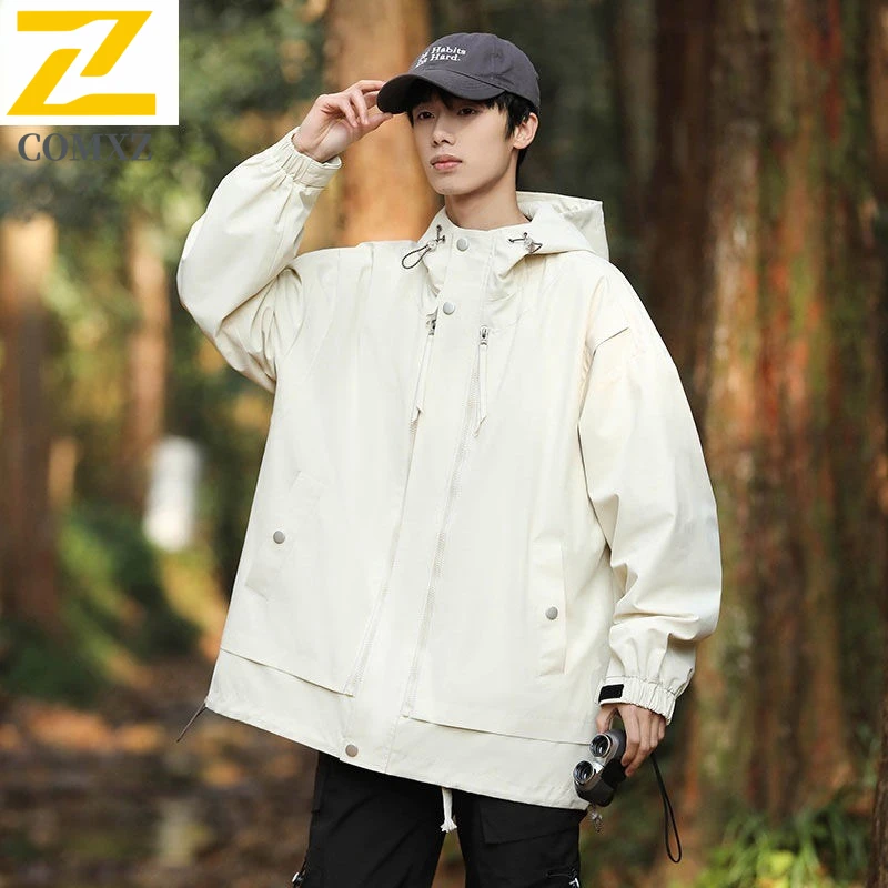 

COMXZ Роскошная мужская куртка с капюшоном, износостойкая куртка для приключений на открытом воздухе, однотонная дизайнерская ветрозащитная осенняя ветровка для путешествий