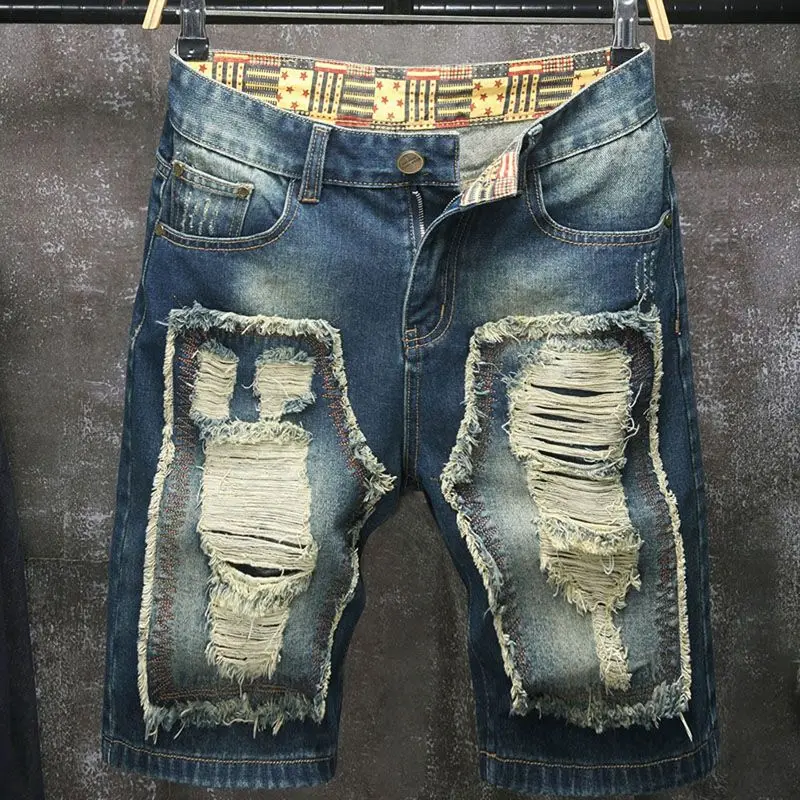 New European and American style ripped embroidery patch five-inch jeans men's shorts casual loose straight-cut mid-length pants