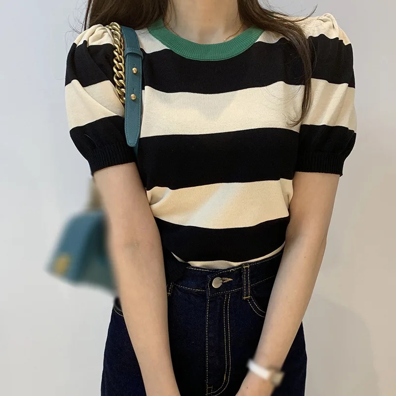 Women\'s Top Round Neck Color Striped Casual Short Sleeve Matching Slim-Fit Knitted T-Shirt Bubble Short Sleeve Knit Top