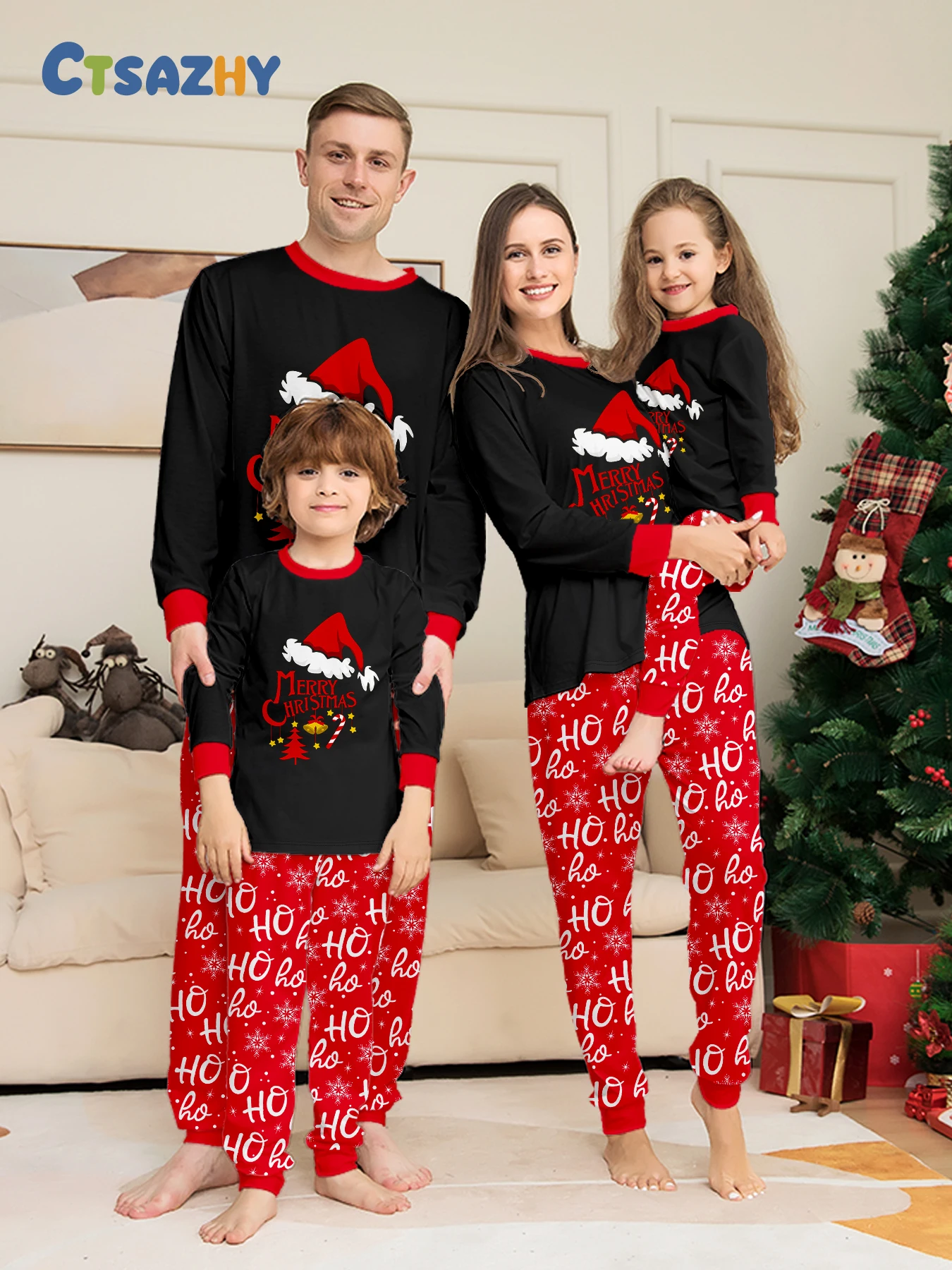 

Festive Family Christmas Pajamas: Black with Santa Hat & 'Merry Christmas' + Red 'HO Ho' Pattern
