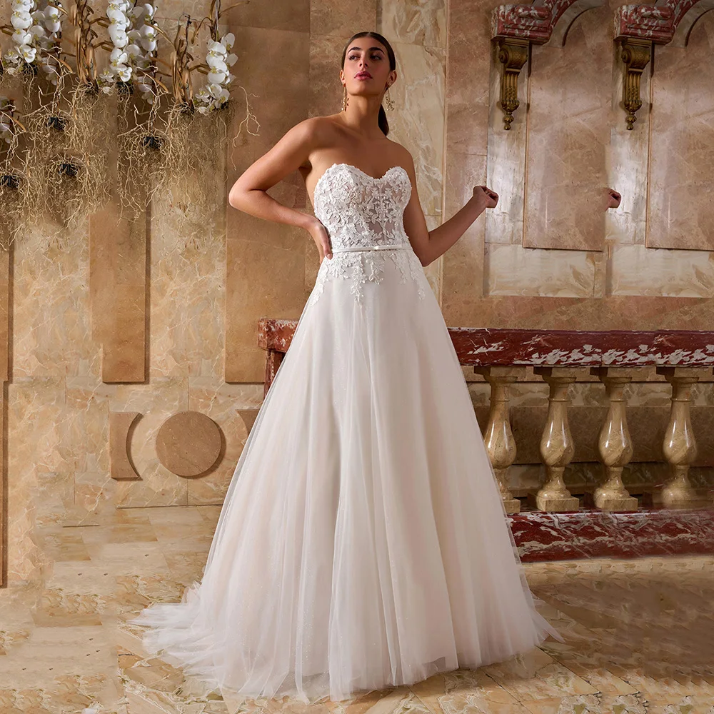 

Classic Wedding Dresses Women Strapless Lace Tulle Belt A-Line Lace Appliques Corset Backless Bridal Dresses 2025 Customized