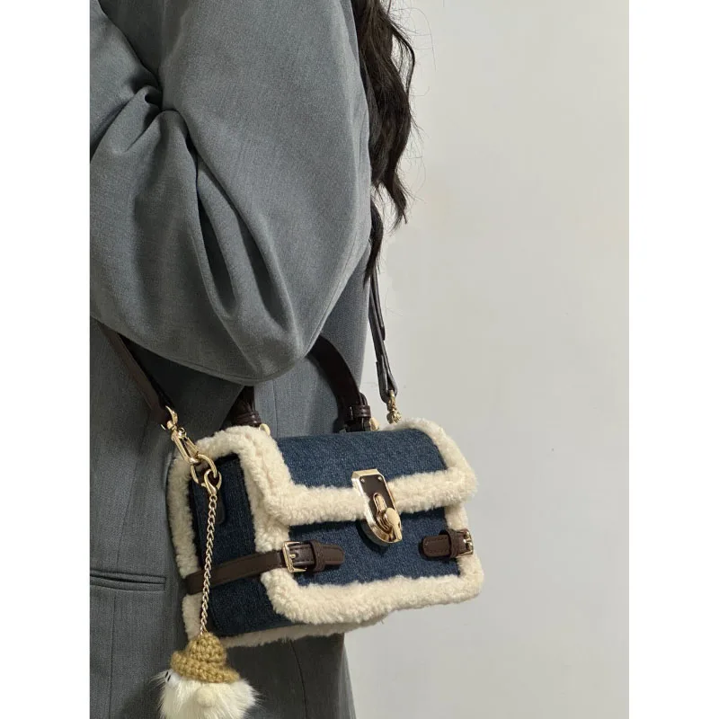 Autumn Winter Denim Lamb Wool Crossbody Bag High-End Design Sense Splice Small Square Bag 2023 New Popular Shoulder Pack Women