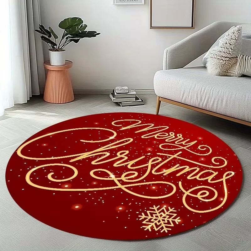 Vintage Christmas Bell Round Rug Pine Branch Poinsettia Print Circular Floor Mat for Living Room Bedroom Holiday Decor