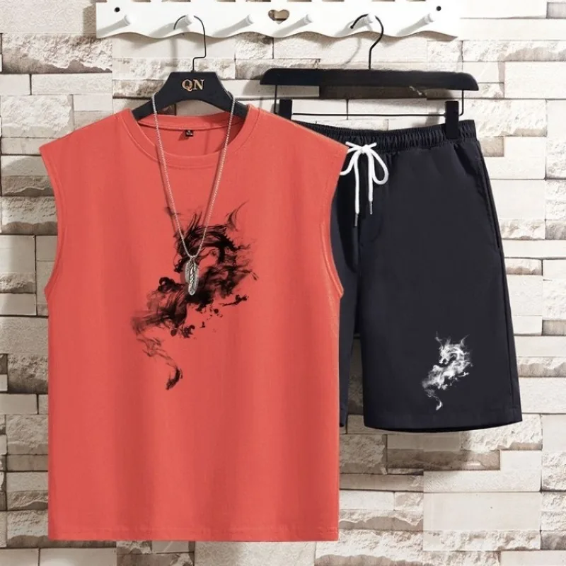 

Streetwear Tank Top Set for Teens Unisex Youth Ink Dragon Print Sweatshirt Sports Shorts Combo Blend Casual Athleisure Outfit