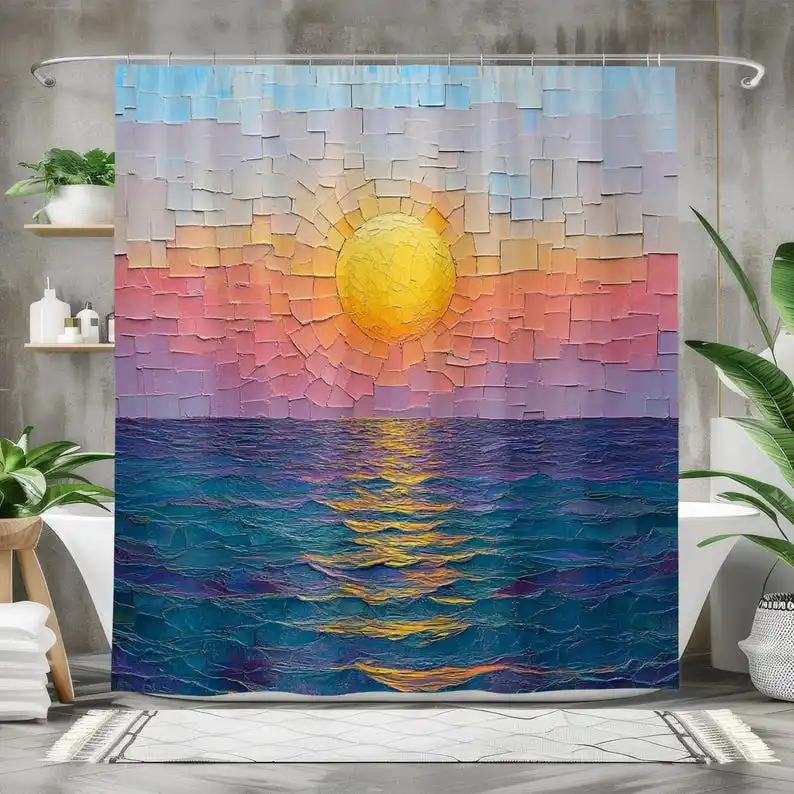 Mosaic Sunset Shower Curtain, Waterproof Fabric Bath Curtain Vibrant Ocean Sunset Design Modern Artistic