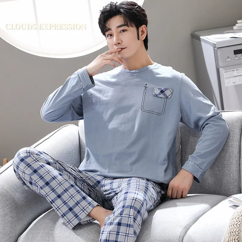 Spring Autumn L-4XL Knitted Cotton Simple Men's Pyjamas Suits Pajamas Set Casual Male Sleepwear Pyjamas Night Pijamas Homewear